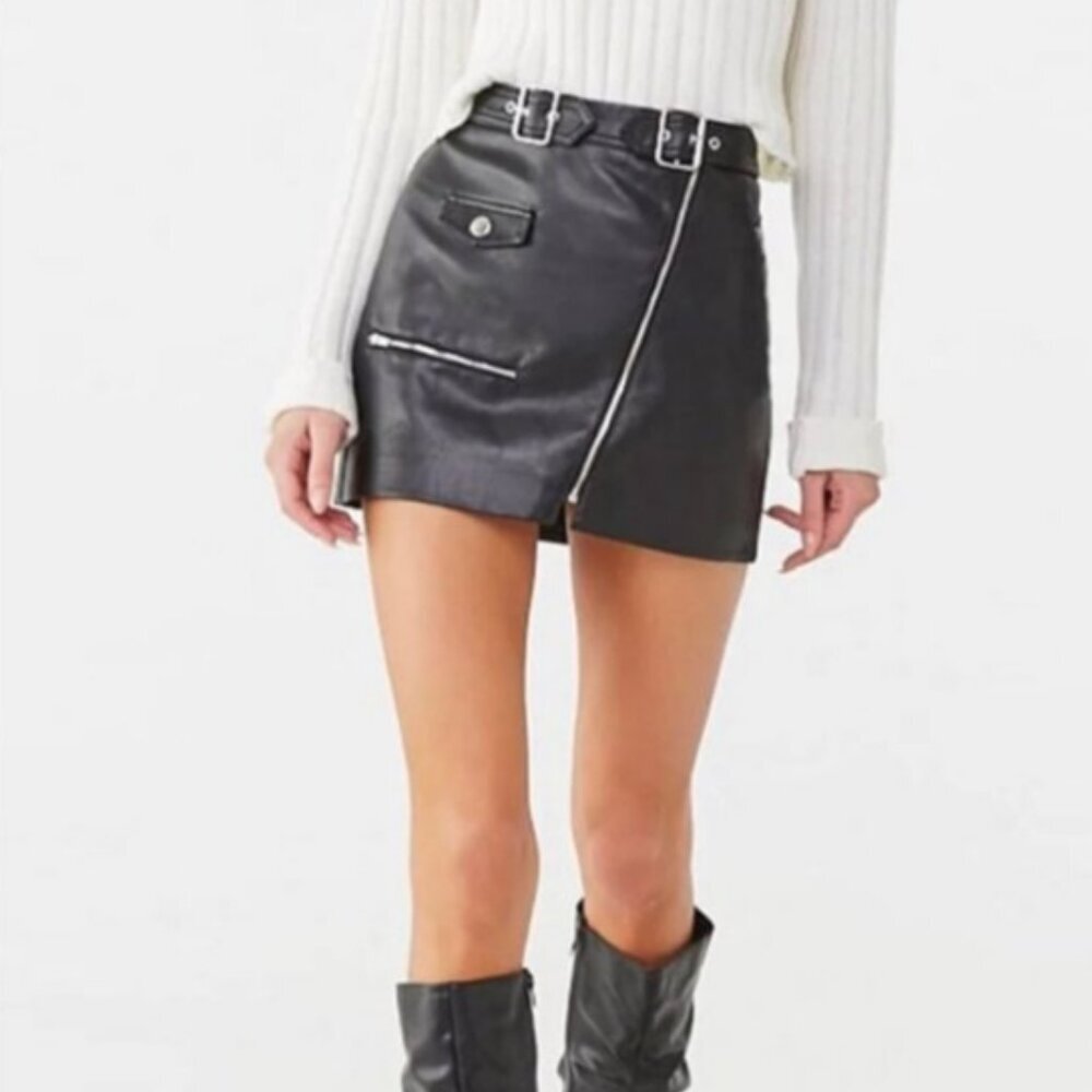 7 For All Mankind Vegan Faux Leather Zipper Asymmetrical Mini Skirt Size Small
